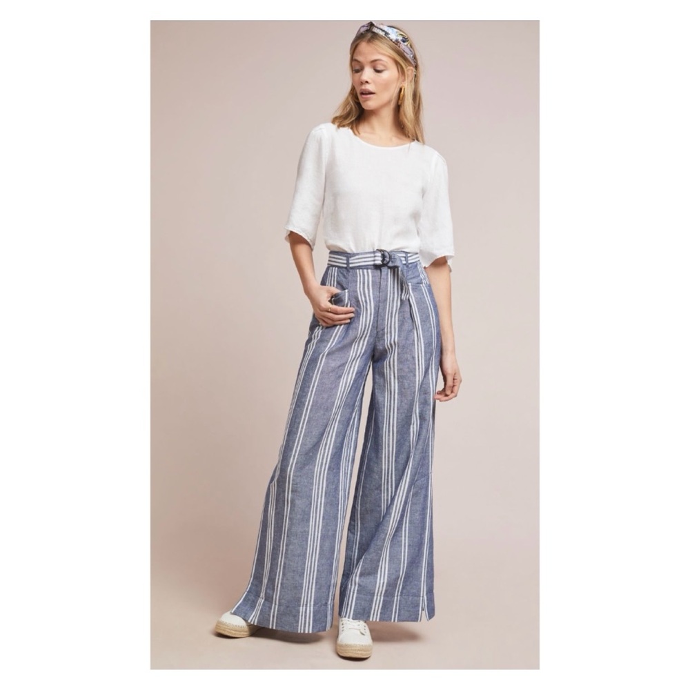 NWOT Anthropologie Beachy Wide Leg Pants in Steps Beach Blue Stripe  Size 4